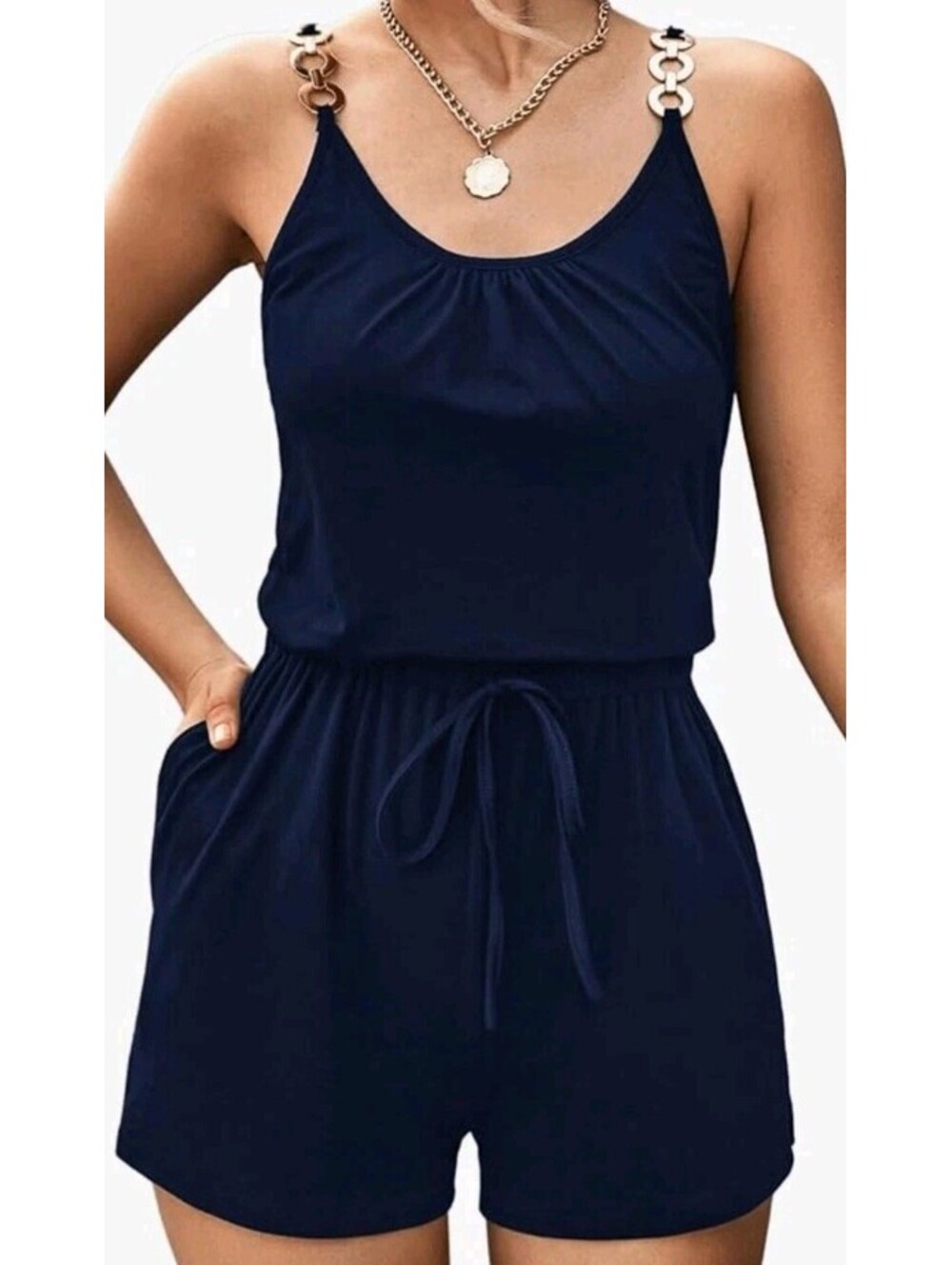 Women's Navy Blue, Chain-Strap Cami Romper Drawstring Short, Size M, GUC